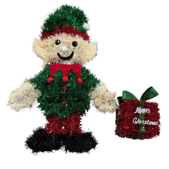 Retro Christmas Door Wall Hanging Decor Tinsel 15” ELF & GIFT BOX Set - Picture 3 of 11